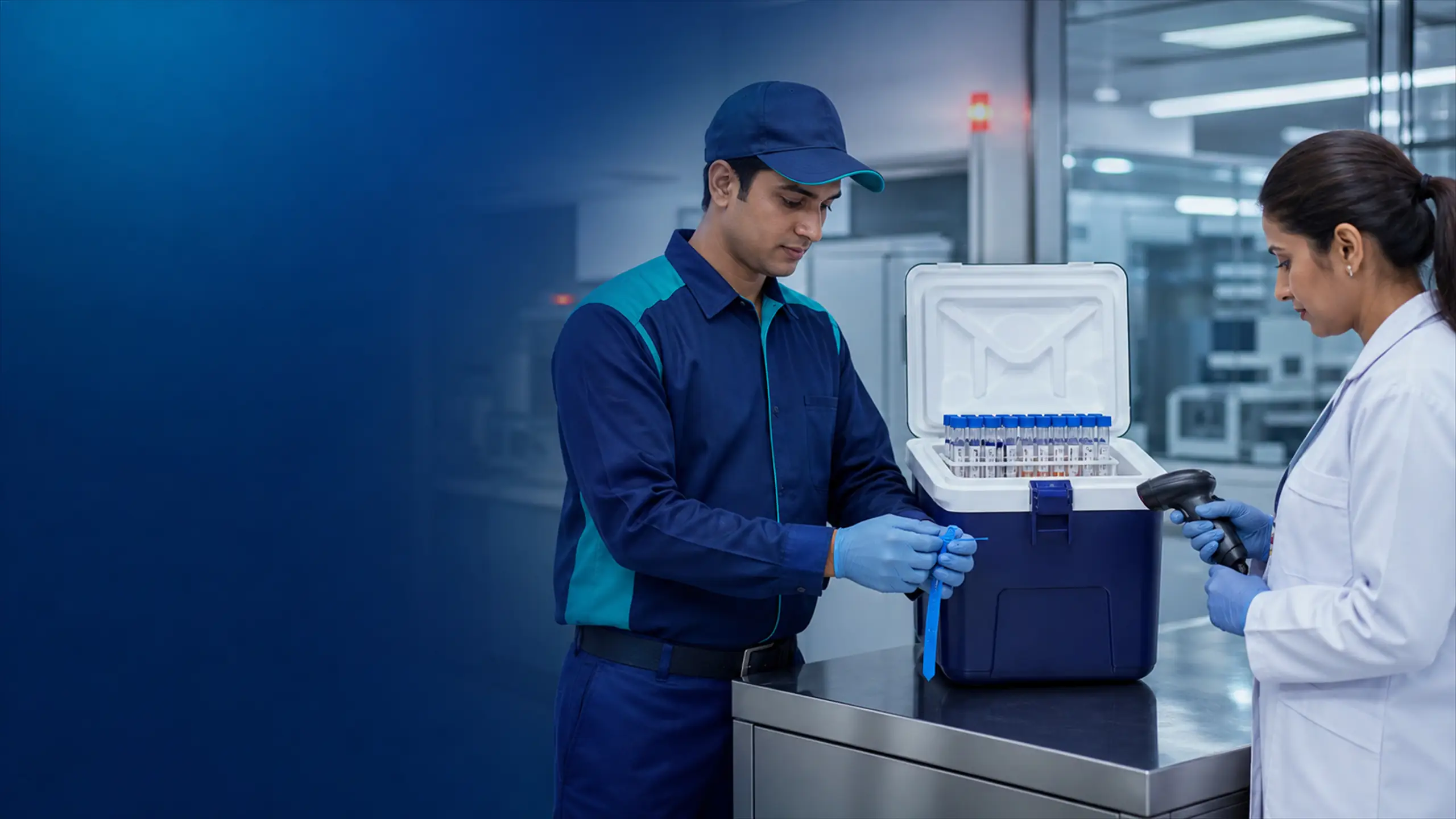 A courier handing a sealed temperature-controlled sample box to a laboratory technologist.